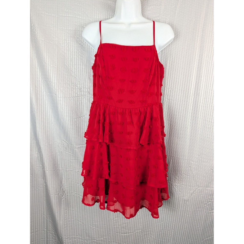 Blue Rain Red Clip Dot Tiered Mini Dress Womens Medium Spaghetti Strap Ruffle